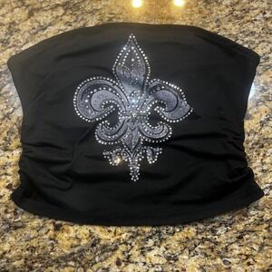 Romwe Y2K Womens Black Fleur De Lis Rhinestone Tube Top Ruched Side Strapless L